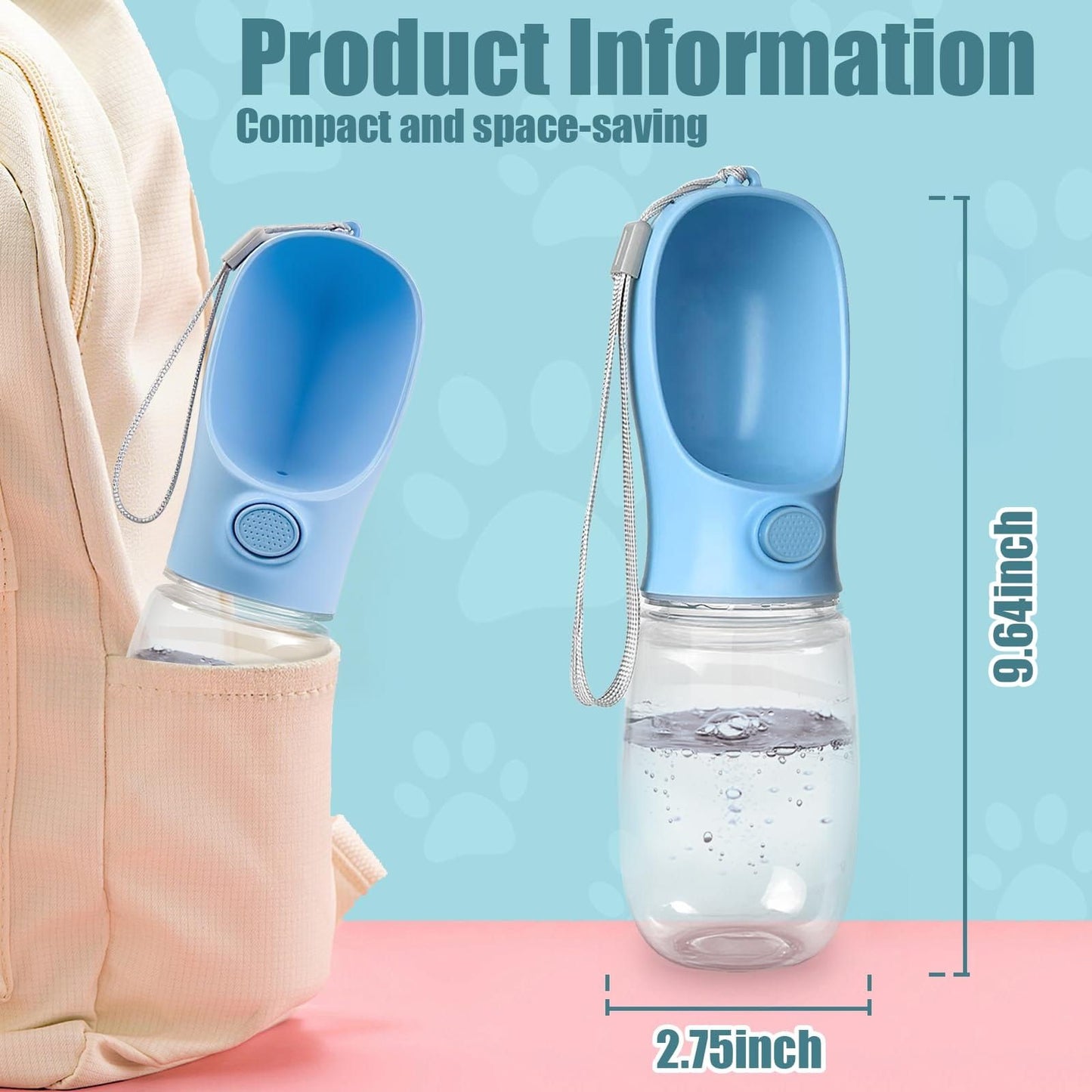 Portable Pet Water Bottle with Built-In Bowl - 450ml Pink